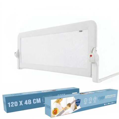 Produse copii - Protectie pat copii FiGGA®, 120 x 48.5 cm, bariera laterala margine pat, rabatabila, Alb