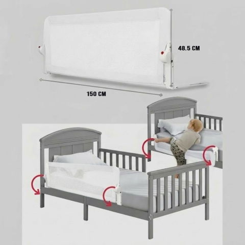 Protectie pat copii FiGGA®, 150 x 48.5 cm, bariera laterala margine pat, rabatabila, Alb [1]