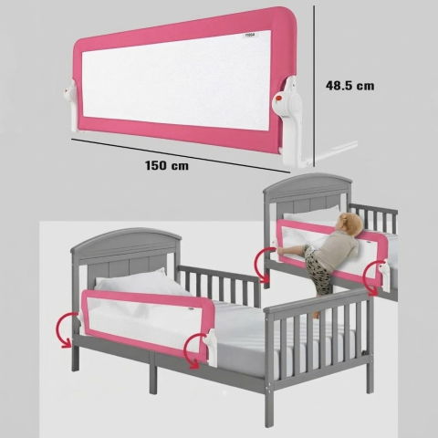 Protectie pat copii FiGGA®, 150 x 48.5 cm, bariera laterala margine pat, rabatabila, Roz [1]