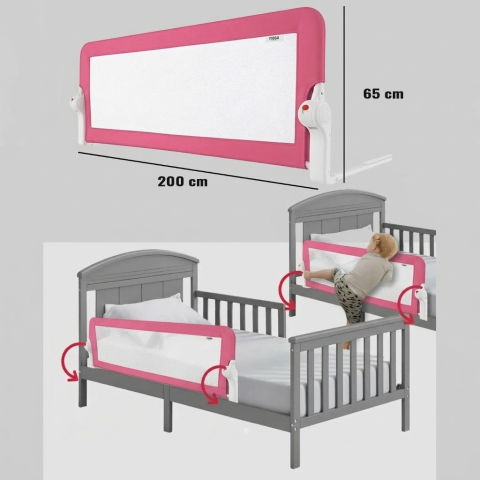 Protectie pat copii FiGGA®, 200 x 65 cm, bariera laterala margine pat, rabatabila, Roz [1]