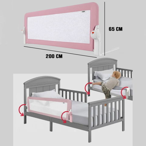 Protectie pat copii FiGGA®, 200 x 65 cm, bariera laterala margine pat, rabatabila, Roz [1]