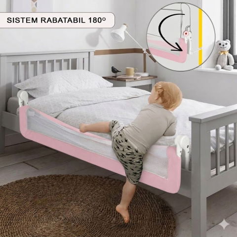 Protectie pat copii FiGGA®, 200 x 65 cm, bariera laterala margine pat, rabatabila, Roz [2]