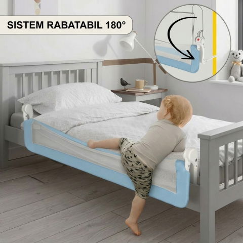 Protectie pat copii FiGGA®, 200 x 65 cm, bariera laterala margine pat, rabatabila, Albastru [2]