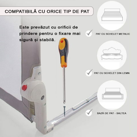 Protectie pat copii FiGGA®, bariera laterala margine pat 200 x 65 cm, rabatabila, Gri [4]