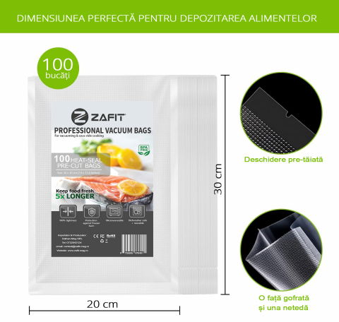 Pungi vidat gofrate ZAFIT™, pentru aparat de vidat alimente, 100 bucati, 20 x 30 cm, reutilizabile, rezistente, sous vide, lavabile in masina de spalat, fara BPA, transparent [1]