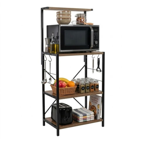 Etajere depozitare - Raft de bucatarie, spatiu cuptor cu microunde, 4 rafturi, 132 cm x 60 cm x 40 cm , etajera Metal + MDF, Negru/Pin