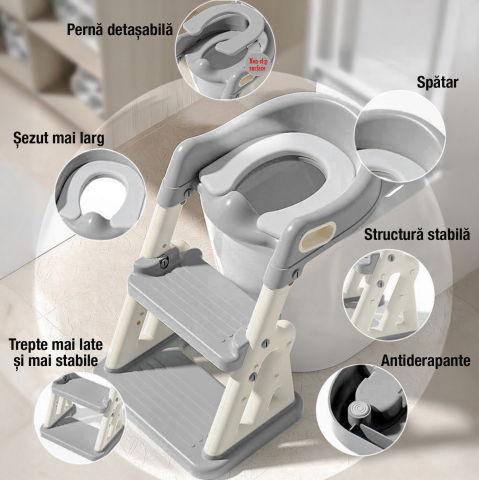 Reductor WC copii 2in1 ZAFIT® cu scara si inaltator, Pliabil, Portabil, colac suprafata de siguranta antialunecare, antiderapant, Gri [4]