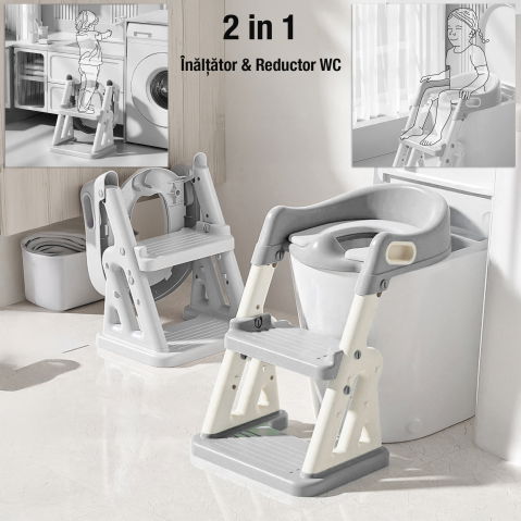 Reductor WC copii 2in1 ZAFIT® cu scara si inaltator, Pliabil, Portabil, colac suprafata de siguranta antialunecare, antiderapant, Gri [1]