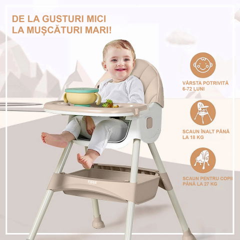 Scaun de masa bebe 4 in 1 FiGGA®, Varsta 6-72 luni, Scaun inalt pliabil, cu 4 roti, Balansoar, 2 x Tava detasabila, Centura de siguranta in cinci puncte, Crem [2]