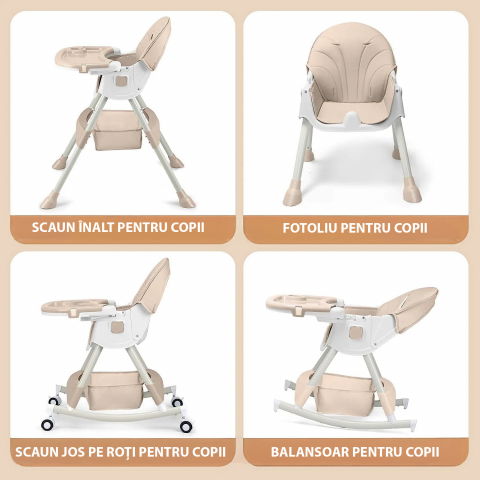 Scaun de masa bebe 4 in 1 FiGGA®, Varsta 6-72 luni, Scaun inalt pliabil, cu 4 roti, Balansoar, 2 x Tava detasabila, Centura de siguranta in cinci puncte, Crem [3]