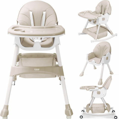Scaun de masa bebe 4 in 1 FiGGA®, Varsta 6-72 luni, Scaun inalt pliabil, cu 4 roti, Balansoar, 2 x Tava detasabila, Centura de siguranta in cinci puncte, Crem [1]