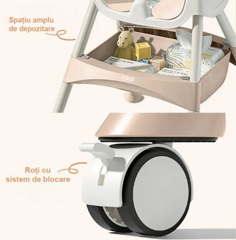 Scaun de masa bebe 4 in 1 FiGGA®, Varsta 6-72 luni, Scaun inalt pliabil, cu 4 roti, Balansoar, 2 x Tava detasabila, Centura de siguranta in cinci puncte, Crem [5]