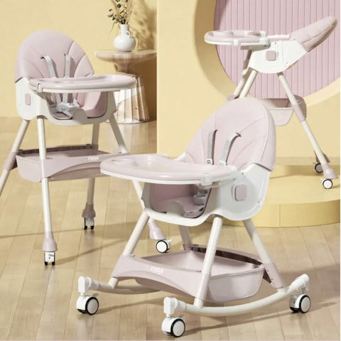 Scaune de masa bebe - Scaun de masa bebe 4 in 1 FiGGA®, Varsta 6-72 luni, Scaun inalt pliabil, cu 4 roti, Balansoar, 2 x Tava detasabila, Centura de siguranta in cinci puncte, Roz