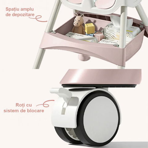 Scaun de masa bebe 4 in 1 FiGGA®, Varsta 6-72 luni, Scaun inalt pliabil, cu 4 roti, Balansoar, 2 x Tava detasabila, Centura de siguranta in cinci puncte, Roz [5]