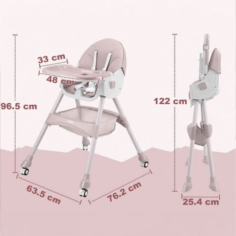 Scaun de masa bebe 4 in 1 FiGGA®, Varsta 6-72 luni, Scaun inalt pliabil, cu 4 roti, Balansoar, 2 x Tava detasabila, Centura de siguranta in cinci puncte, Roz [8]