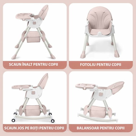 Scaun de masa bebe 4 in 1 FiGGA®, Varsta 6-72 luni, Scaun inalt pliabil, cu 4 roti, Balansoar, 2 x Tava detasabila, Centura de siguranta in cinci puncte, Roz [3]