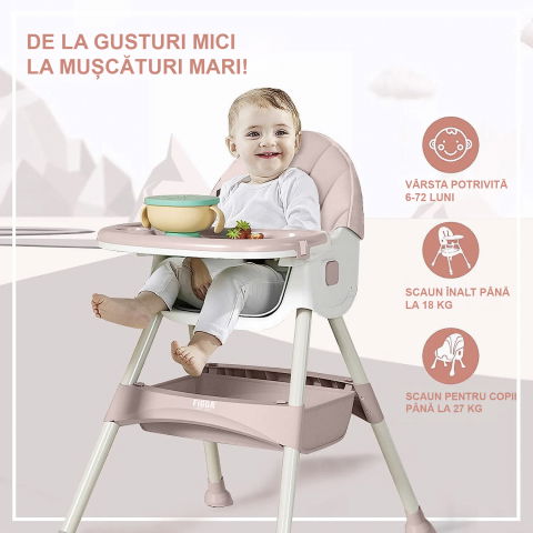 Scaun de masa bebe 4 in 1 FiGGA®, Varsta 6-72 luni, Scaun inalt pliabil, cu 4 roti, Balansoar, 2 x Tava detasabila, Centura de siguranta in cinci puncte, Roz [2]