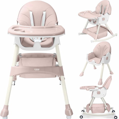 Scaun de masa bebe 4 in 1 FiGGA®, Varsta 6-72 luni, Scaun inalt pliabil, cu 4 roti, Balansoar, 2 x Tava detasabila, Centura de siguranta in cinci puncte, Roz [1]