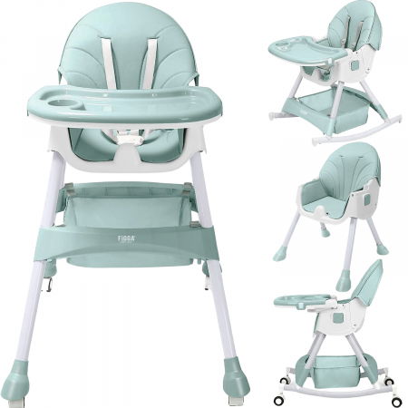 Scaun de masa bebe 4 in 1 FiGGA®, Varsta 6-72 luni, Scaun inalt pliabil, cu 4 roti, Balansoar, 2 x Tava detasabila, Centura de siguranta in cinci puncte, Verde [1]