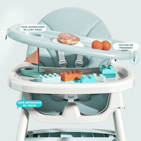 Scaun de masa bebe 4 in 1 FiGGA®, Varsta 6-72 luni, Scaun inalt pliabil, cu 4 roti, Balansoar, 2 x Tava detasabila, Centura de siguranta in cinci puncte, Verde [6]