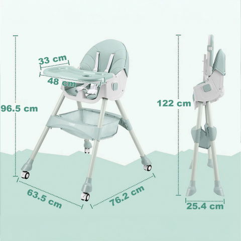 Scaun de masa bebe 4 in 1 FiGGA®, Varsta 6-72 luni, Scaun inalt pliabil, cu 4 roti, Balansoar, 2 x Tava detasabila, Centura de siguranta in cinci puncte, Verde [9]