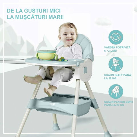 Scaun de masa bebe 4 in 1 FiGGA®, Varsta 6-72 luni, Scaun inalt pliabil, cu 4 roti, Balansoar, 2 x Tava detasabila, Centura de siguranta in cinci puncte, Verde [2]