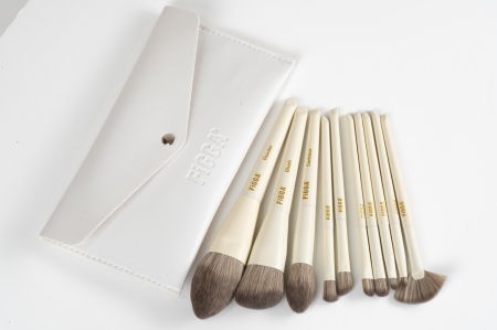 Set 10 pensule machiaj FiGGA®, Profesionale, manere din lemn si aluminiu, gentuta depozitare, Alb crem [2]