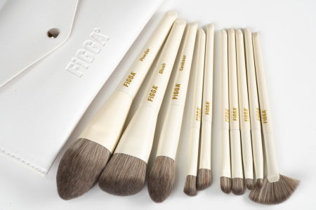 Set 10 pensule machiaj FiGGA®, Profesionale, manere din lemn si aluminiu, gentuta depozitare, Alb crem [3]