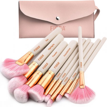 Pensule machiaj - Set 10 pensule machiaj FiGGA®, Profesionale, manere din lemn si aluminiu, gentuta depozitare, Roz-Auriu
