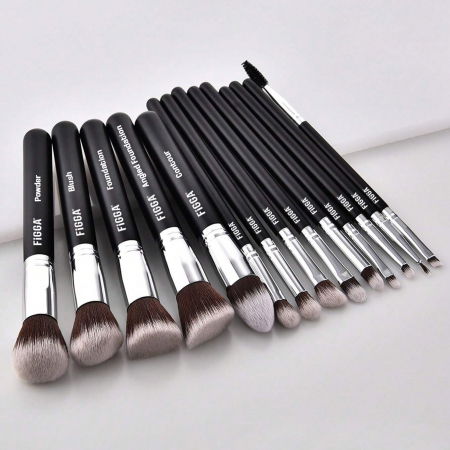 Set 14 pensule machiaj FiGGA®, Profesionale, manere din lemn si aluminiu, gentuta depozitare, Negru-Argintiu [1]