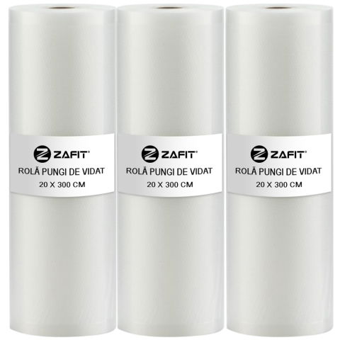Aparate de vidat - Set 3 role pungi de vidat gofrate ZAFIT™, 20 x 300 cm, pentru aparat de vidat alimente, reutilizabile, rezistente, sous vide, lavabile in masina de spalat, fara BPA, transparent