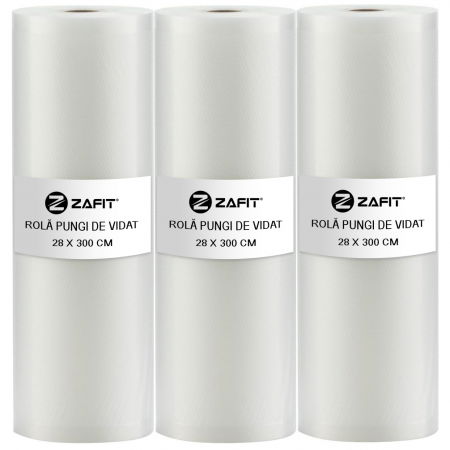 Aparate de vidat - Set 3 role pungi de vidat gofrate ZAFIT™, 28 x 300 cm, pentru aparat de vidat alimente, reutilizabile, rezistente, sous vide, lavabile in masina de spalat, fara BPA, transparent