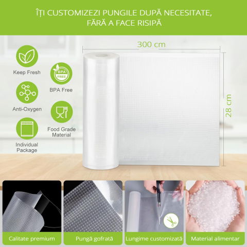 Set 3 role pungi de vidat gofrate ZAFIT™, 28 x 300 cm, pentru aparat de vidat alimente, reutilizabile, rezistente, sous vide, lavabile in masina de spalat, fara BPA, transparent [1]