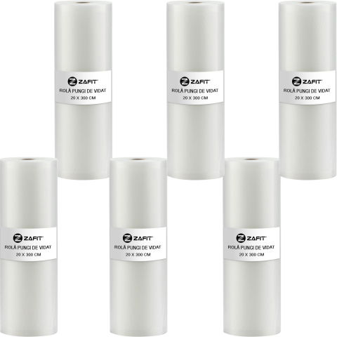 Aparate de vidat - Set 6 role pungi de vidat gofrate ZAFIT™, 20 x 300 cm, pentru aparat de vidat alimente, reutilizabile, rezistente, sous vide, lavabile in masina de spalat, fara BPA, transparent
