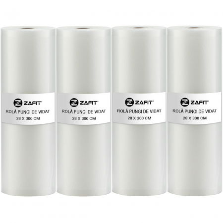Aparate de vidat - Set 4 role pungi de vidat gofrate ZAFIT™, 28 x 300 cm, pentru aparat de vidat alimente, reutilizabile, rezistente, sous vide, lavabile in masina de spalat, fara BPA, transparent