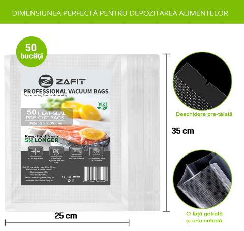 Set 50 Pungi vidat gofrate ZAFIT™, 25 x 35 cm, pentru aparat de vidat alimente, reutilizabile, rezistente, sous vide, lavabile in masina de spalat, fara BPA, transparent [1]