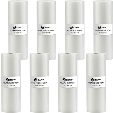 Aparate de vidat - Set 8 role pungi de vidat gofrate ZAFIT™, 20 x 300 cm, pentru aparat de vidat alimente, reutilizabile, rezistente, sous vide, lavabile in masina de spalat, fara BPA, transparent