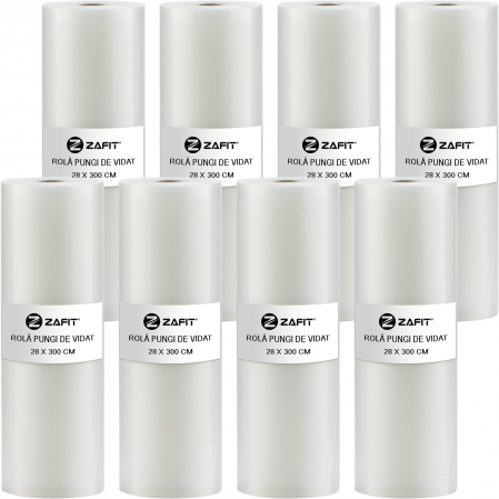 Aparate de vidat - Set 8 role pungi de vidat gofrate ZAFIT™, 28 x 300 cm, pentru aparat de vidat alimente, reutilizabile, rezistente, sous vide, lavabile in masina de spalat, fara BPA, transparent