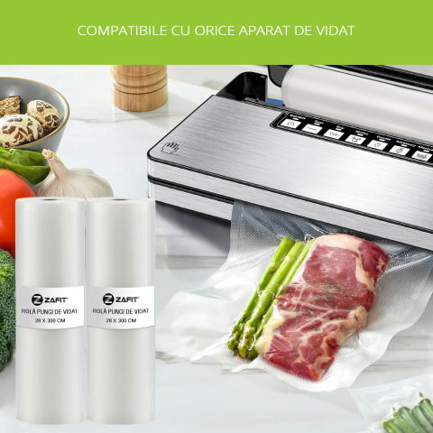 Set 8 role pungi de vidat gofrate ZAFIT™, 28 x 300 cm, pentru aparat de vidat alimente, reutilizabile, rezistente, sous vide, lavabile in masina de spalat, fara BPA, transparent [4]