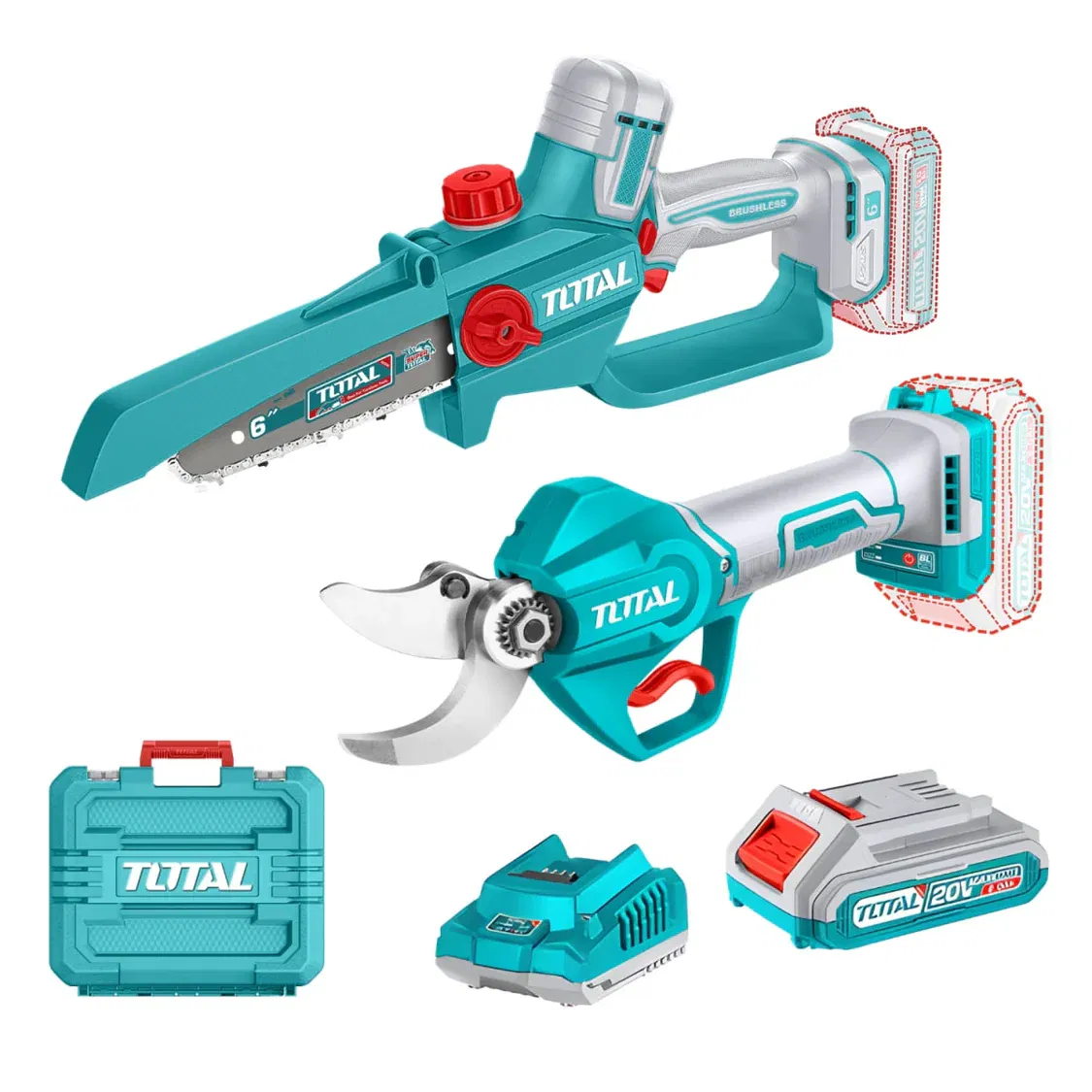 TOTAL - Kit gradinarit TOTAL 20V – Foarfeca electrica de crengi + Mini drujba (include 2 acumulatori si 1 incarcator)