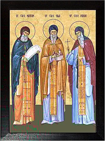 Icoane Mai - Sfintii Cuviosi Sila, Paisie si Natan de la Sihastria Putnei