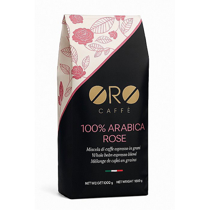 Cafea ORO 100% Arabica Rose – Blend floral și sofisticat (1kg boabe) Arome elegante de trandafir și iasomie, prăjite artizanal în Italia. [1]