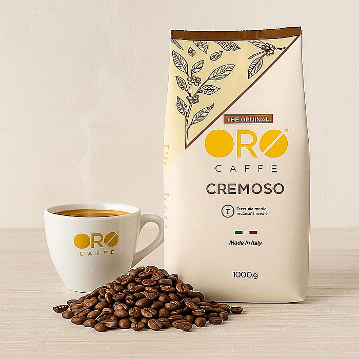 Cafea Cremoso ORO – Blend Premium Brazil & Vietnam (500g boabe) Corp plin, cremă densă și note dulci de caramel. [3]