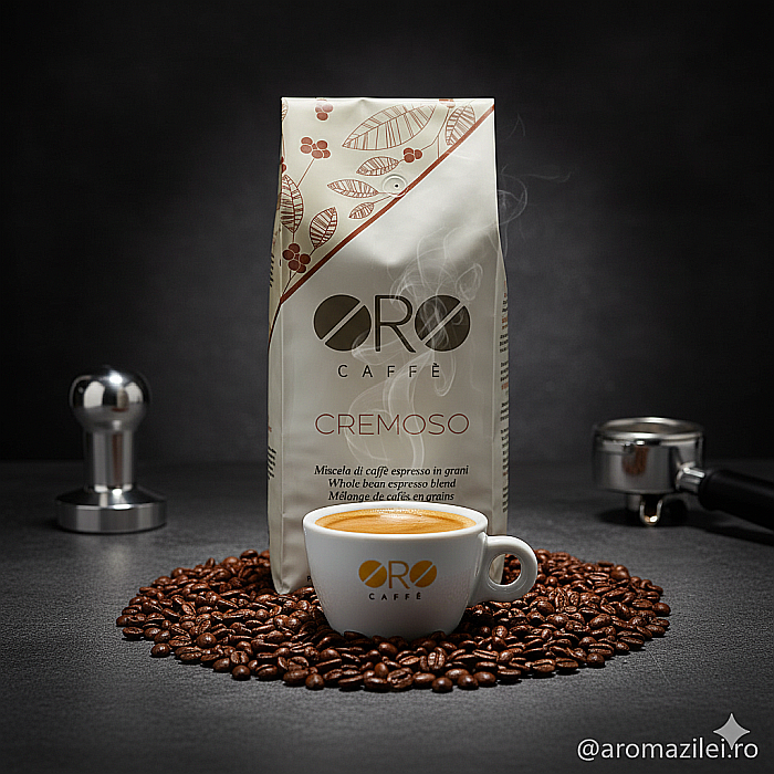 Cafea ORO Cremoso – Blend Premium Brazil & Vietnam (1kg boabe) Corp bogat, cremă densă și note dulci de caramel. [6]
