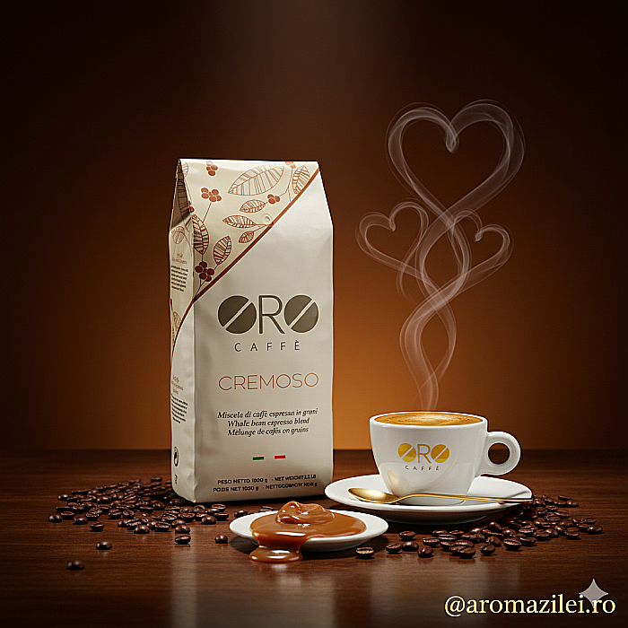 Cafea ORO Cremoso – Blend Premium Brazil & Vietnam (1kg boabe) Corp bogat, cremă densă și note dulci de caramel. [2]