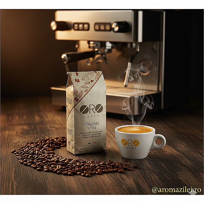 Cafea ORO Italian Style – Espresso Intens & Cremos (1kg boabe) Arome puternice de ciocolată și alună prăjită, cremă densă și persistentă. [5]