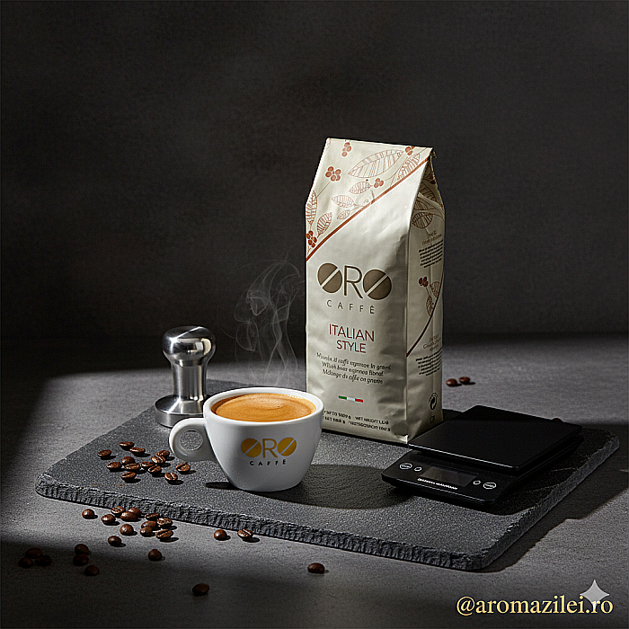 Cafea ORO Italian Style – Espresso Intens & Cremos (1kg boabe) Arome puternice de ciocolată și alună prăjită, cremă densă și persistentă. [4]
