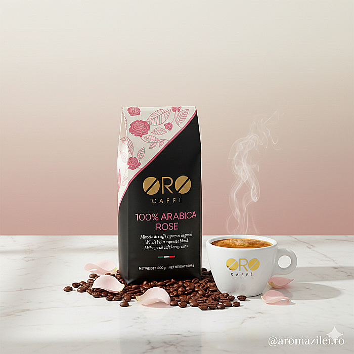 Cafea ORO 100% Arabica Rose – Blend floral și sofisticat (1kg boabe) Arome elegante de trandafir și iasomie, prăjite artizanal în Italia. [3]