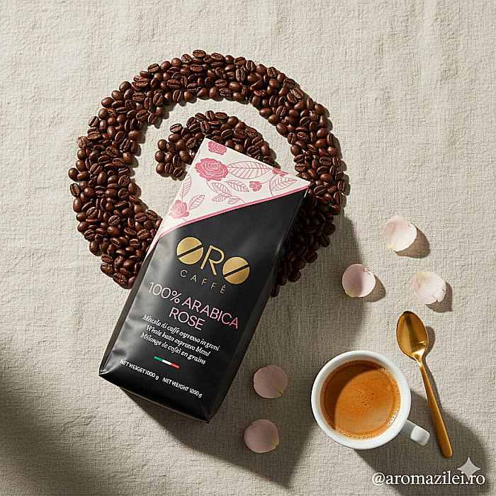 Cafea ORO 100% Arabica Rose – Blend floral și sofisticat (1kg boabe) Arome elegante de trandafir și iasomie, prăjite artizanal în Italia. [5]