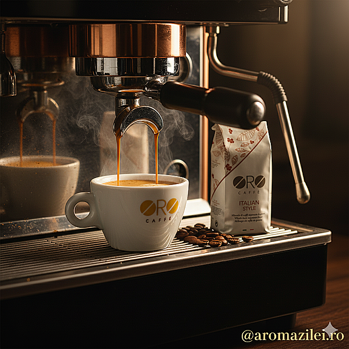 Cafea ORO Italian Style – Espresso Intens & Cremos (1kg boabe) Arome puternice de ciocolată și alună prăjită, cremă densă și persistentă. [6]